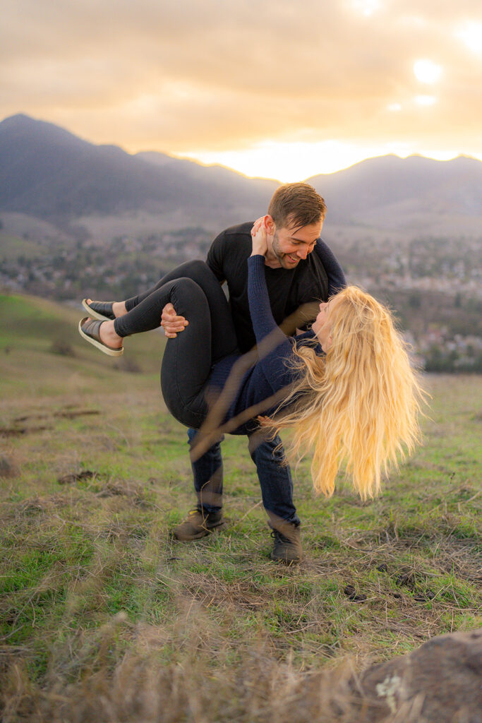 Couple photographed at sunset with sweeping mountain views in Danville, California