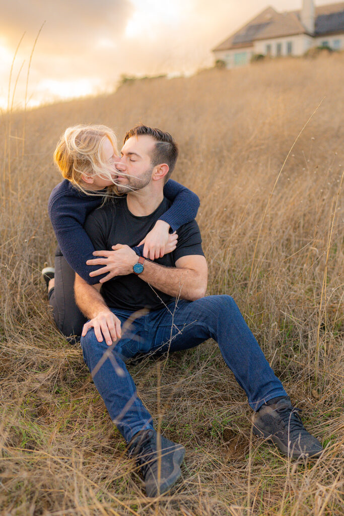 Couple photographed at sunset with sweeping mountain views in Pleasanton, California